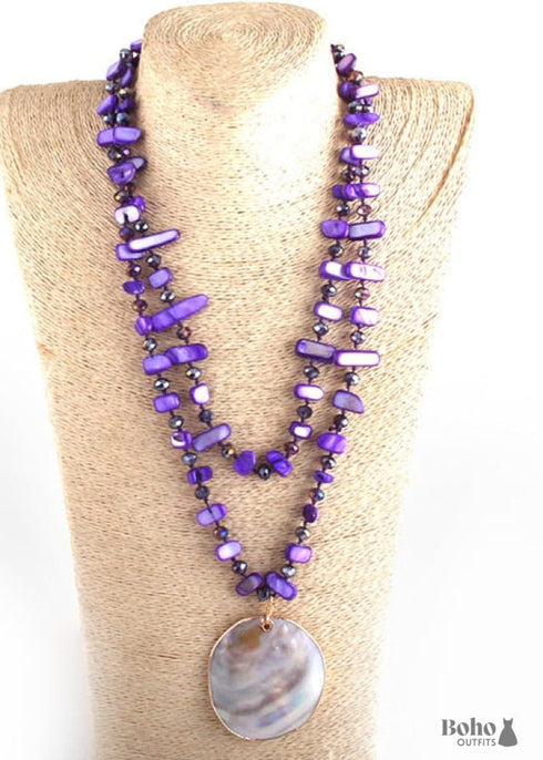 Boho Necklace, RH Pink Rose Crystal Shell